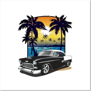 1955 Black Chevy Bel Air Beach Print Posters and Art